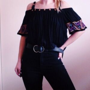 Japna Off the Shoulder with Straps Black Embroidered Boho Top Size M